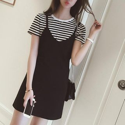 Oaksa - Set: Striped T-Shirt + Strappy Mini Dress Oaksa - Set: Striped T-Shirt + Strappy Mini Dress