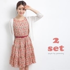 yeomong - Set: 3/4-Sleeve Cardigan + Floral-Patterned Chiffon Dress