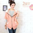 Soneed - Set: Dolman Sleeve Zip Hoodie + Long-Sleeve Striped T-Shirt