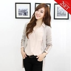 Soneed - Set: Contrast-Trim Ribbed Cardigan + Drop-Shoulder Blouse