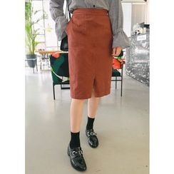 J-ANN - Band-Waist Slit-Hem Midi Skirt J-ANN - Band-Waist Slit-Hem Midi Skirt