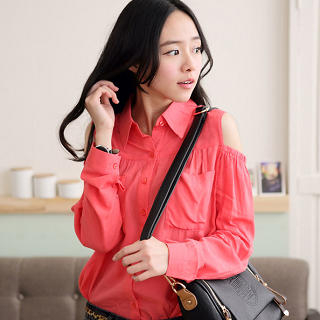 Cutout-Shoulder Shirred Blouse