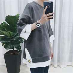 JUN.LEE - Embroidered Mock Two-Piece 3/4 Sleeve T-Shirt JUN.LEE - Embroidered Mock Two-Piece 3/4 Sleeve T-Shirt