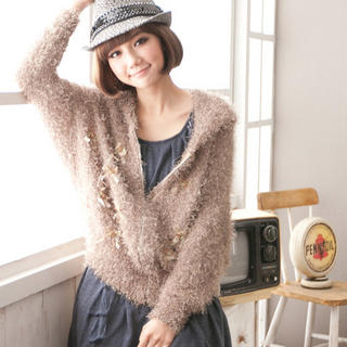 Rosette-Accent Hooded Furry-Knit Top Rosette-Accent Hooded Furry-Knit Top