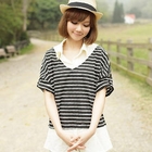 CatWorld - Inset Shirt Tab-Sleeve Striped Top