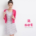 yeomong - Set: 3/4-Sleeve Cardigan + Polka-Dot A-Line Dress