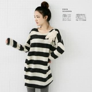 Knit Flower Applique Striped Sweater Dress