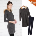 Celli Girl - Set: Faux-Fur Trim Hooded Knit Dress + Tights