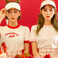 chuu - 'Strawberry Milk' Print Ringer T-Shirt chuu - 'Strawberry Milk' Print Ringer T-Shirt