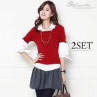 Stylementor - Set: Inset Shirt Knit Top + Pleated Miniskirt