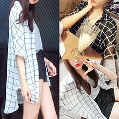 QZ Lady - Elbow-Sleeve Chiffon Check Shirt QZ Lady - Elbow-Sleeve Chiffon Check Shirt