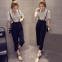 Lovebirds - 套裝:條紋上衣 + 吊帶褲 Lovebirds - 套裝:條紋上衣 + 吊帶褲