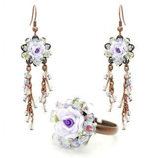 Unique romantic lilac rose ring & earrings set Unique romantic lilac rose ring & earrings set
