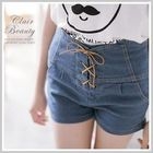 Clair Fashion - Cross Strap-Front High-Waist Denim Shorts