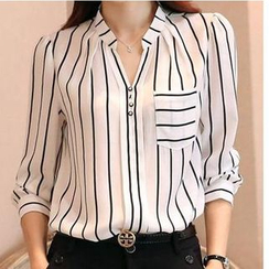 Dowisi - Split-Neck Striped Chiffon Blouse Dowisi - Split-Neck Striped Chiffon Blouse