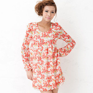 Long-Sleeve Floral Bubble-Hem Dress Long-Sleeve Floral Bubble-Hem Dress