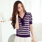 Tokyo Fashion - Tie-Neck Shirred Striped Knit Top