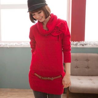 Belted Knit Top with Neckwarmer