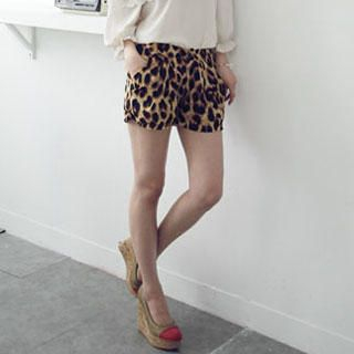 Leopard Print Elastic-Waist Shorts