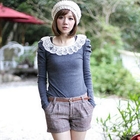 CatWorld - Shirred-Sleeve Lace-Collar Top