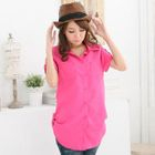 RingBear - Ruched-Side Tab-Sleeve Long Blouse