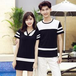 Azure - Couple Matching Striped Short-Sleeve T-Shirt / Striped Short-Sleeve T-Shirt Dress Azure - Couple Matching Striped Short-Sleeve T-Shirt / Striped Short-Sleeve T-Shirt Dress
