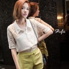 PUFII - Asymmetric-Hem Crochet-Panel Blouse