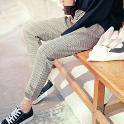 HOTPING - Band-Waist Checked Pants HOTPING - Band-Waist Checked Pants