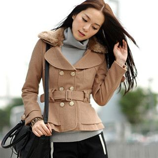 Faux Fur Collar Wool Blend Coat