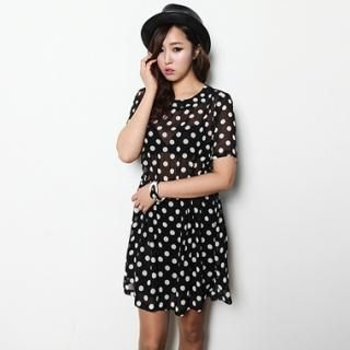 Polka-Dot Belted Chiffon Dress