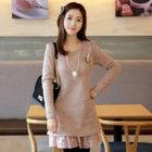 CLICK - Set: Lace-Trim Knit Dress + Faux-Fur Brooch