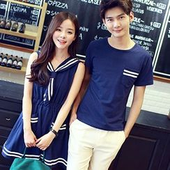 Tabula Rasa - Couple Matching Short-Sleeve Pocketed T-Shirt / Short-Sleeve Sailor Collar Dress Tabula Rasa - Couple Matching Short-Sleeve Pocketed T-Shirt / Short-Sleeve Sailor Collar Dress