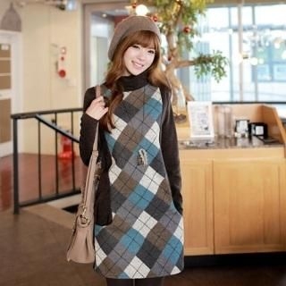 Mock Two-Piece Argyle Jumper Sweater Dress Mock Two-Piece Argyle Jumper Sweater Dress