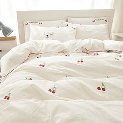 Petrie - Bedding Set: Cherry Embroidered Duvet Cover + Gingham Bed Sheet + Pillowcase Petrie - Bedding Set: Cherry Embroidered Duvet Cover + Gingham Bed Sheet + Pillowcase