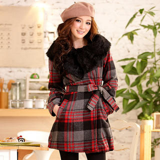 Faux-Fur Collar Plaid Coat Faux-Fur Collar Plaid Coat