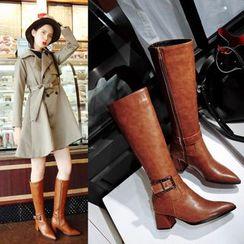 Kireina - Chunky-Heel Buckle Zip-Side Long Boots Kireina - Chunky-Heel Buckle Zip-Side Long Boots