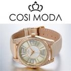 COSI MODA - Stainless Steel Genuine Leather Strap Watch with Cubic Zirconia