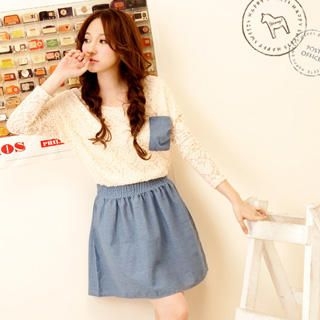 Lace-Panel Long-Sleeve Linen Dress