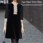 Getme - Lace-Trim 3/4-Sleeve Velvet Dress