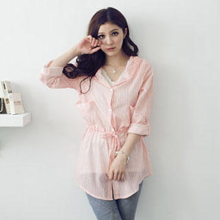 Drawstring-Waist Striped Hooded Shirt