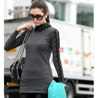 Studded Collar Lace Panel Top Studded Collar Lace Panel Top