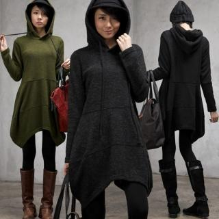 Hooded Asymmetric Hem Knit Dress