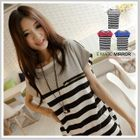 E MAGIC MIRROR - Zipper Striped Short-Sleeve Tee