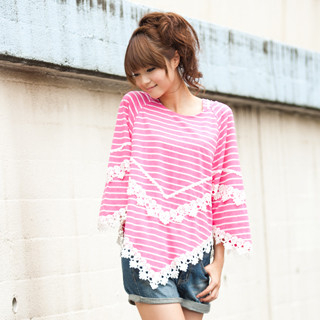 Hooded Lace-Trim Striped Poncho Top