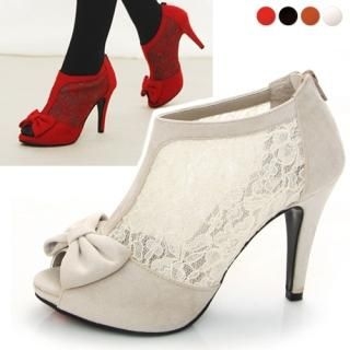 Open-Toe Lace Trim Faux-Suede Pumps Open-Toe Lace Trim Faux-Suede Pumps