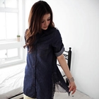 OrangeBear - Crochet-Trim Long Denim Blouse