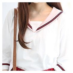Sechuna - Collared Contrast-Trim Top Sechuna - Collared Contrast-Trim Top