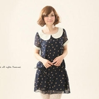 CatWorld - Contrast-Trim Dotted Dress with Cord