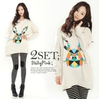 Daily Pink - Set: Rabbit Printed Pullover + Knee-Patch Striped Leggings