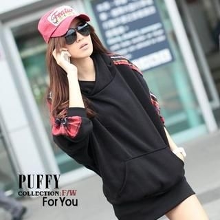 Plaid-Shoulder Hooded Pullover